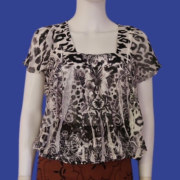 3/$30 APT 9 Chiffon Leopard Square Neck Short Sleeve Ruffle Blouson Blouse - Picture 1 of 9